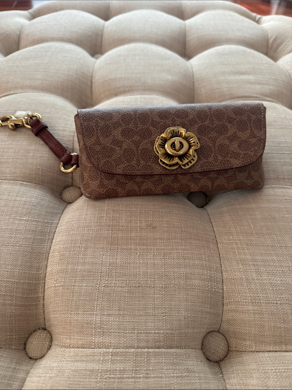 Coach Sunglass Case in Signature Canvas, featuring a brass tea rose turn lock